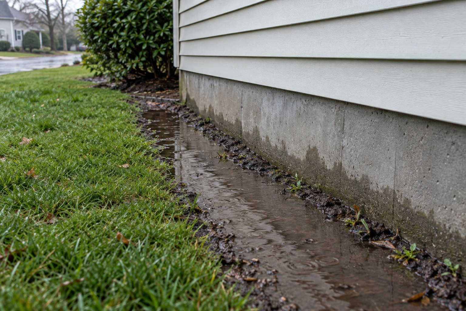 Shallow water collecting in the soil beside a house foundation after rain.