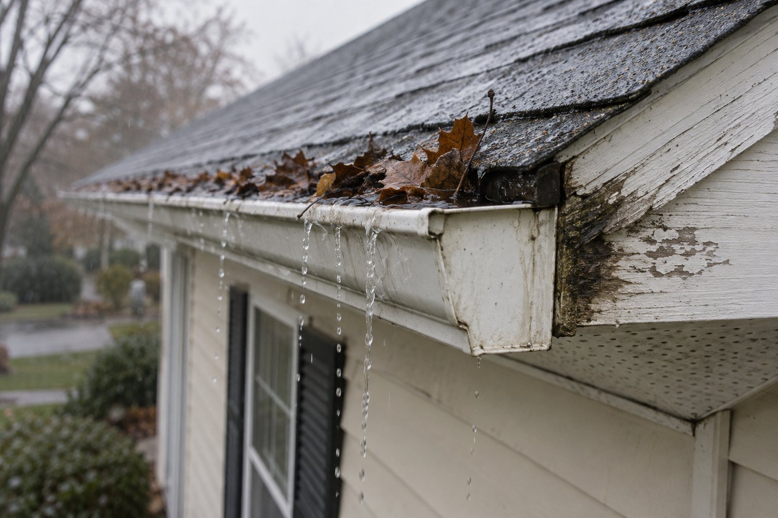 Rain spilling over the front lip of a leaf-filled gutter beside weathered, peeling wood at the roof edge.