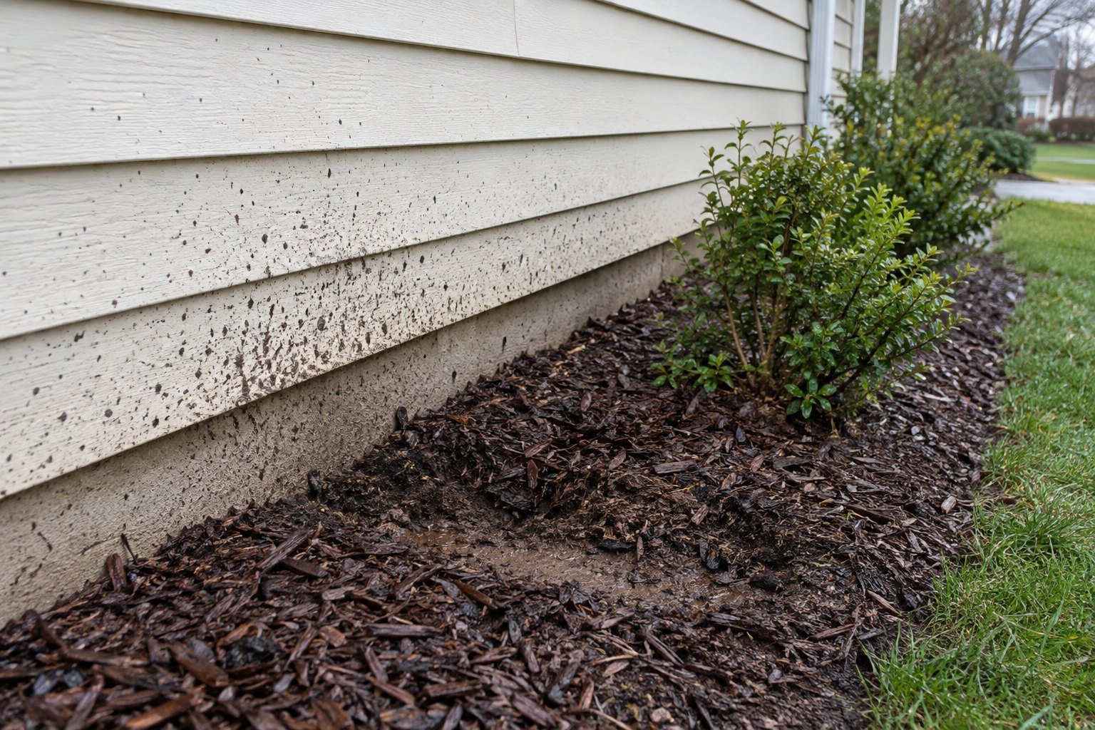 Muddy splash marks on lower siding above a landscape bed with displaced mulch.