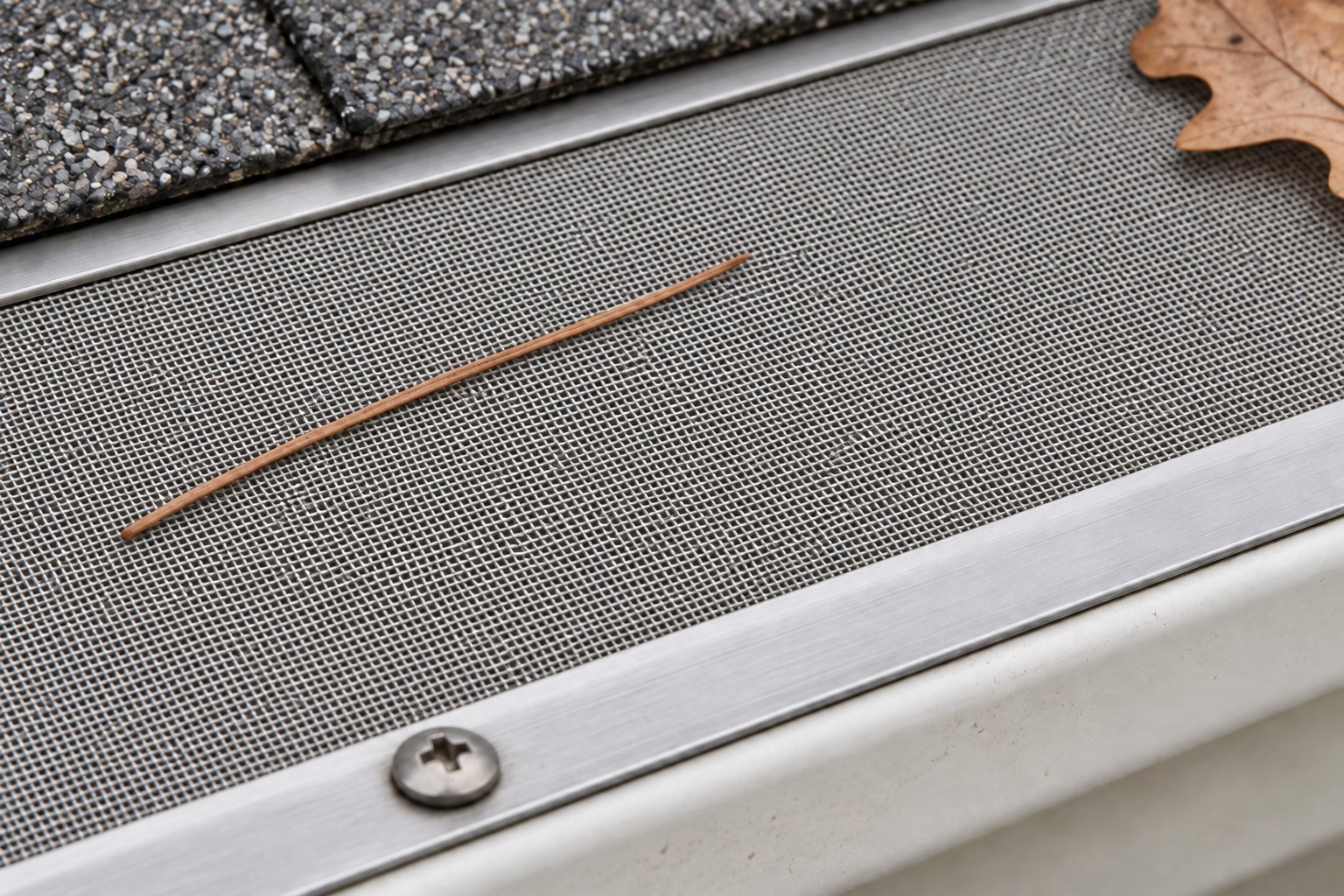 Close-up of a stainless micro-mesh gutter guard: finely woven wire cloth in a metal frame with a pine needle resting across it.