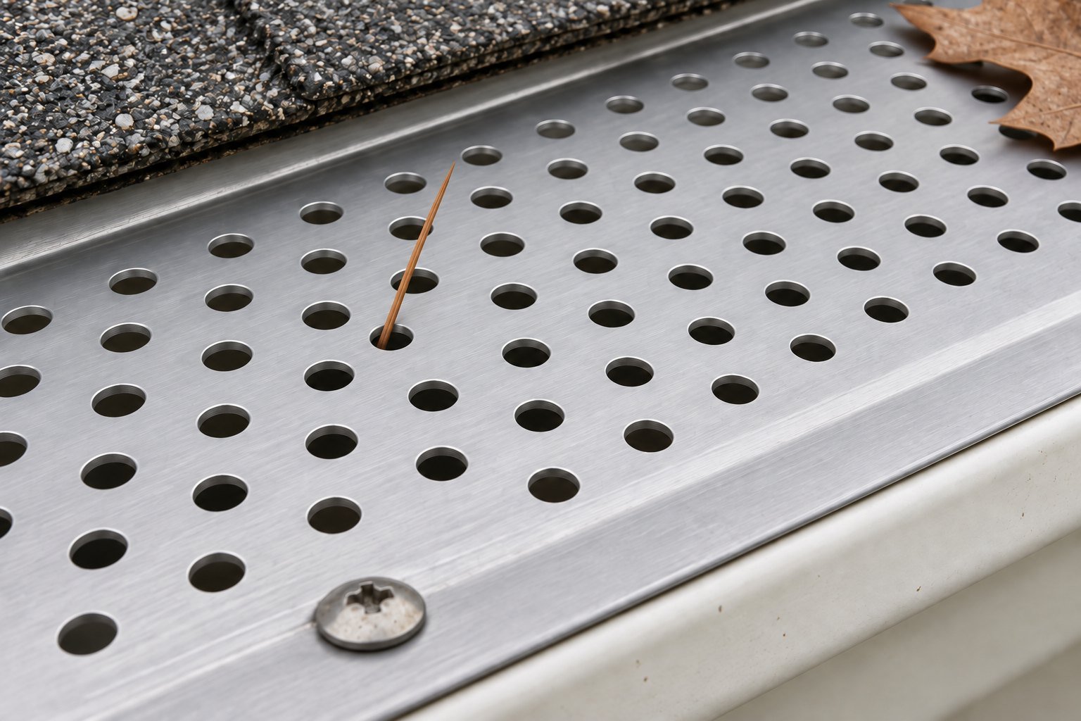 Close-up of a perforated aluminum gutter guard with round punched holes; a single pine needle stands upright, lodged through one of the holes, and a dry leaf rests on the panel.