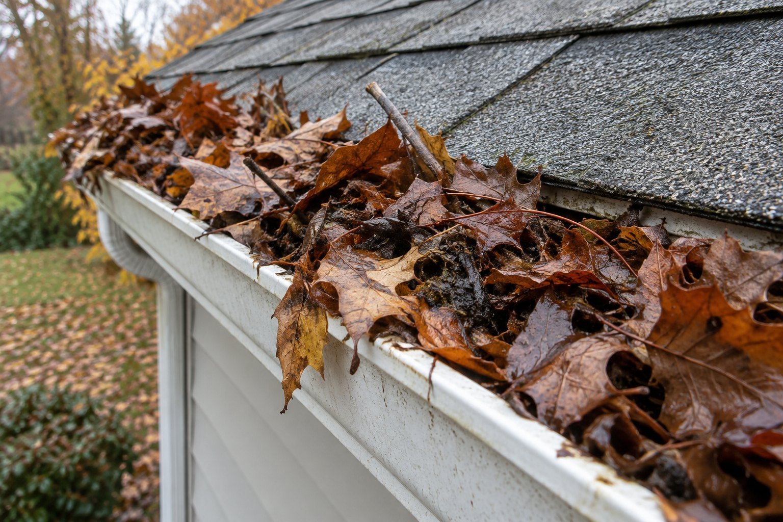 Open gutter packed beyond its rim with wet brown leaves and twigs spilling over the outer edge.
