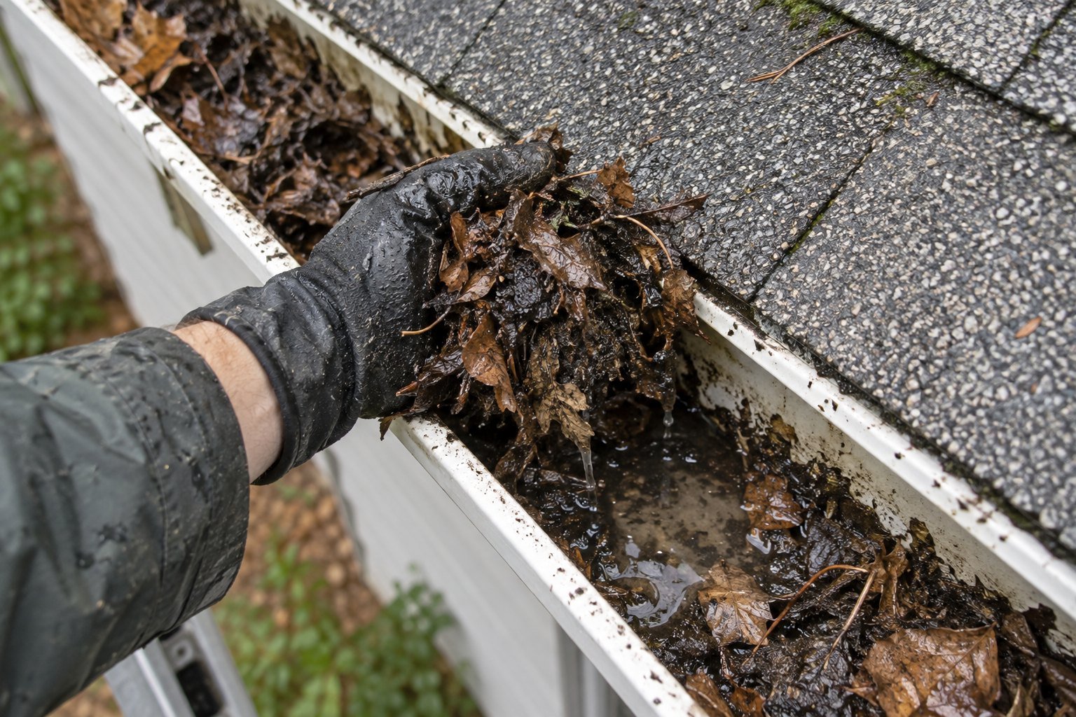 Gloved hand lifting a mass of wet leaves and dark sludge out of an open gutter beside the roof edge.