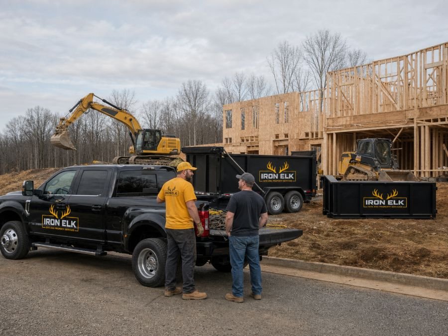 The trailer parked on a framed new-construction site.