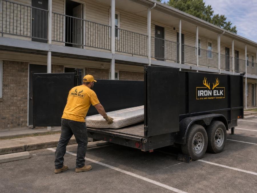 The trailer at an apartment turnover, door propped open.