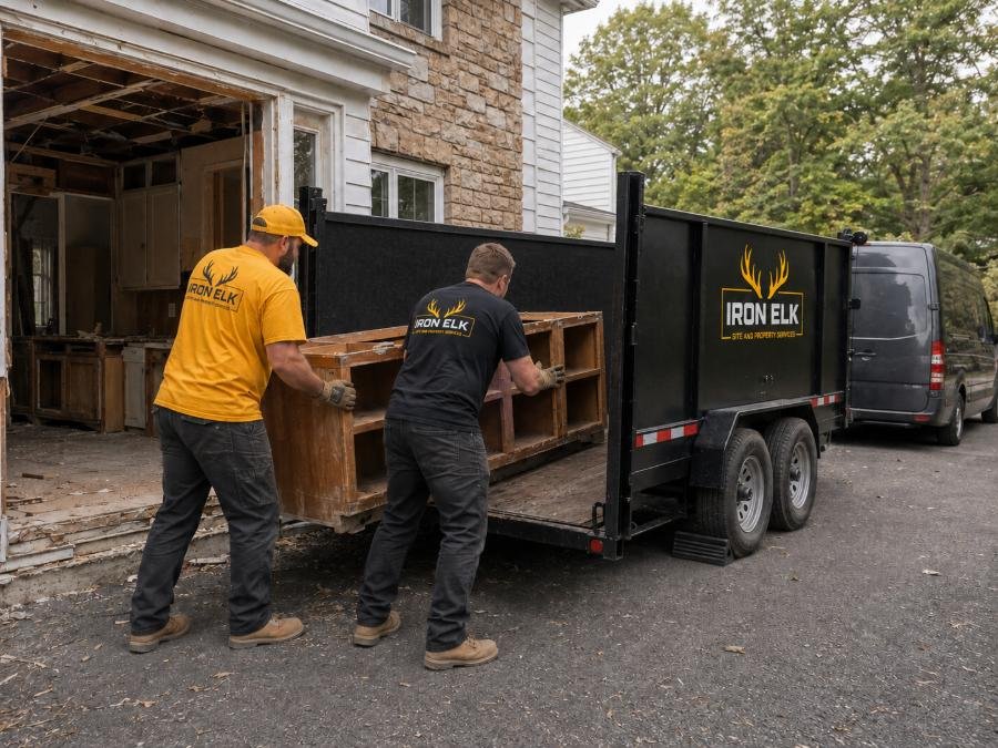 A strip-out crew carrying cabinets out of a kitchen.