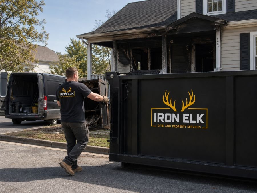 A container beside a house with a mitigation van out front.