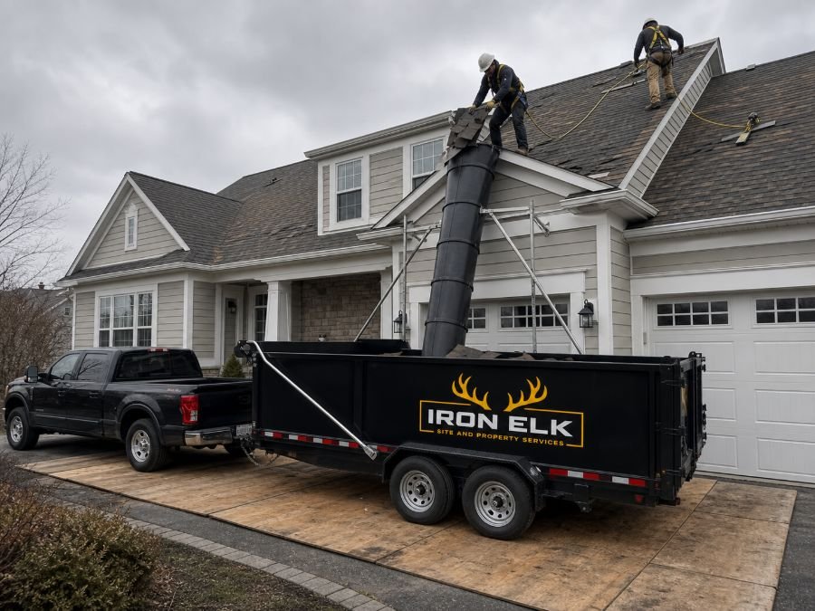 The trailer positioned under a roof drop zone.
