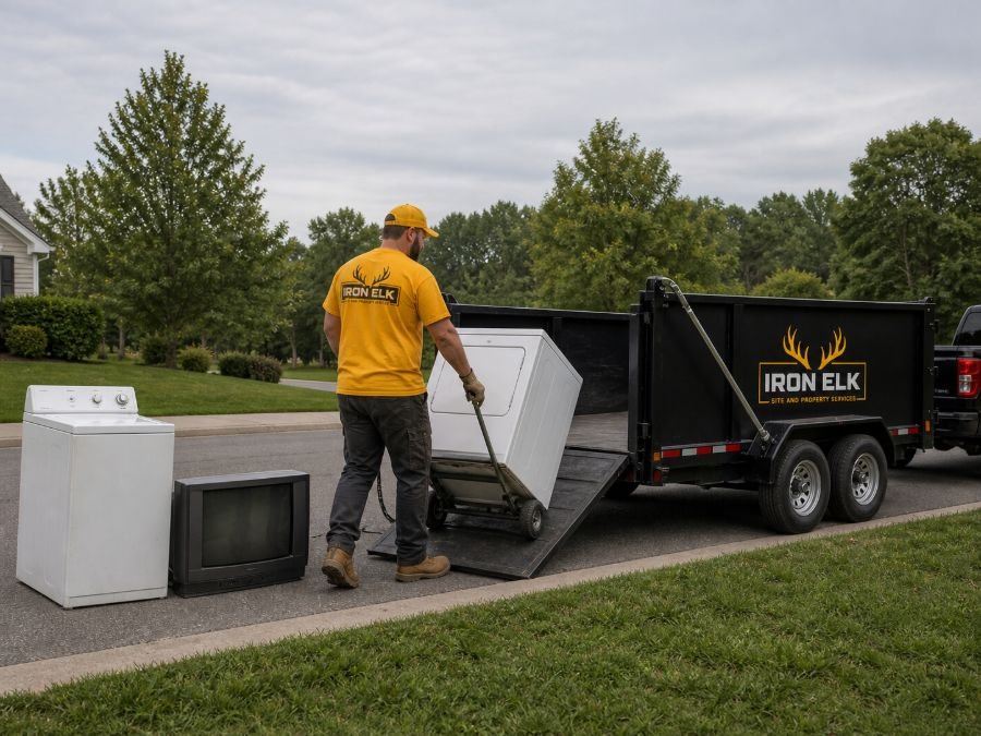 A worker wheeling an old television to the trailer on a dolly, a washer waiting at the curb.
