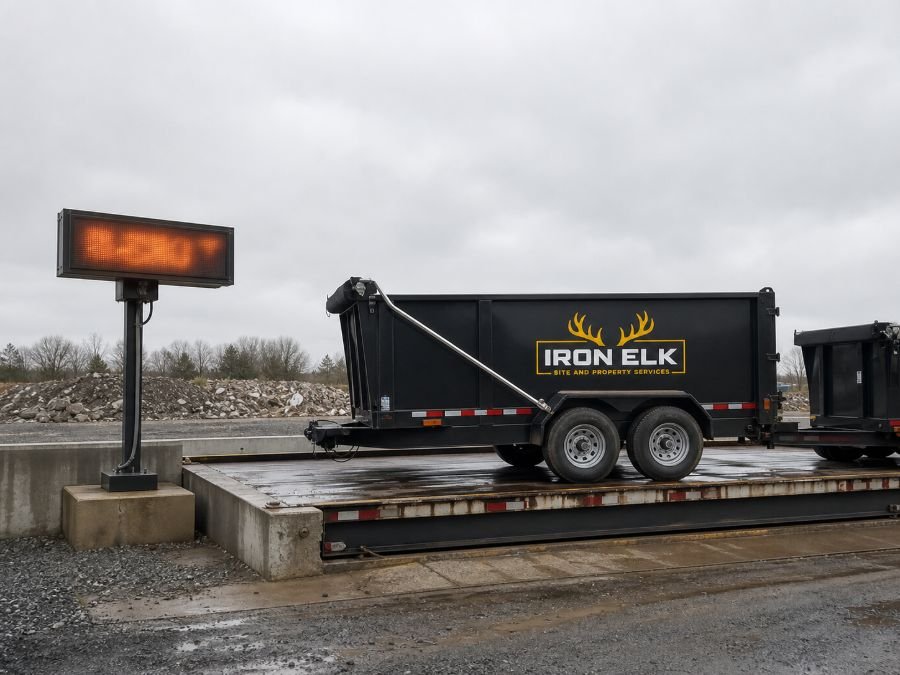 A loaded debris trailer on the landfill weigh scale, the readout lit beside it.