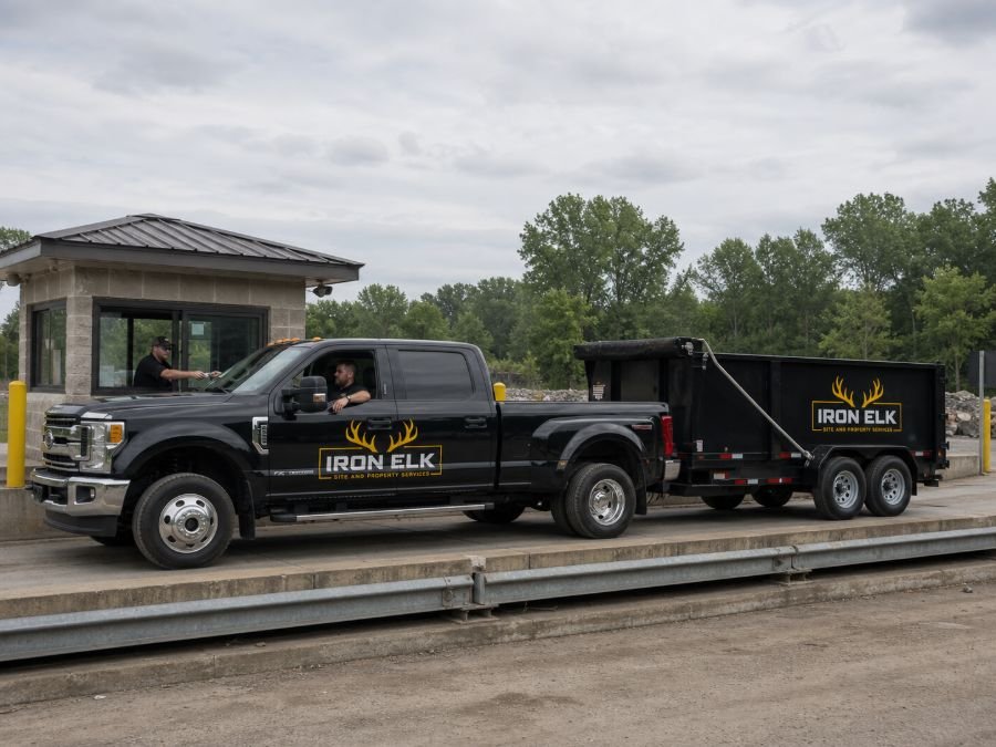 The truck and trailer stopped at a transfer-station scale house window.