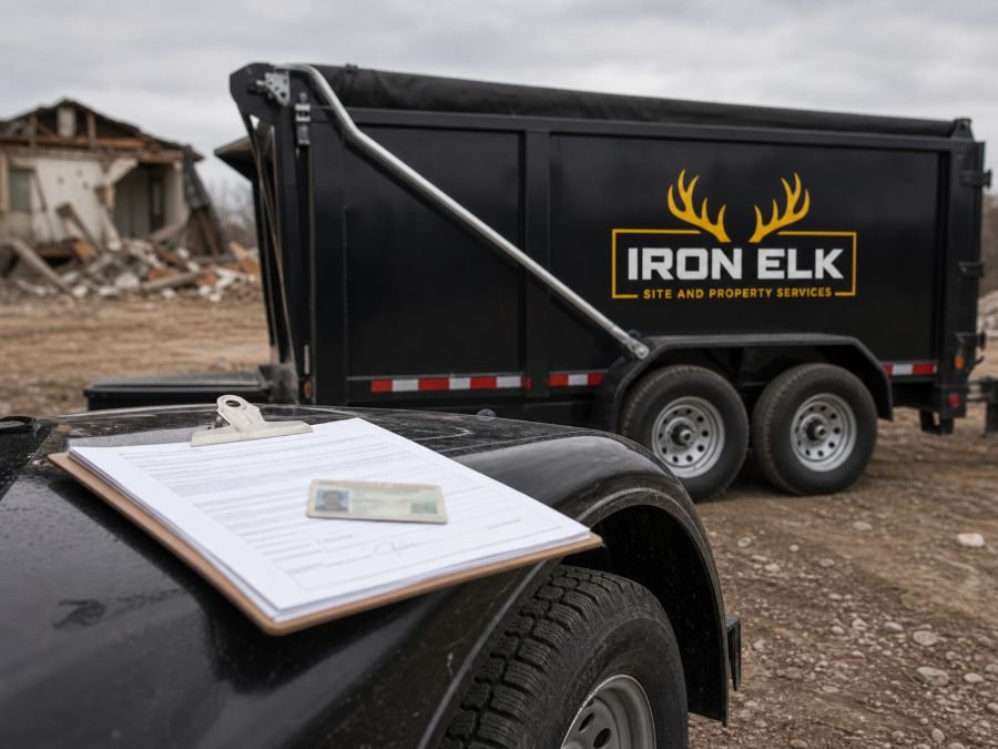 Permit paperwork on a clipboard resting on the trailer fender at a demolition site.