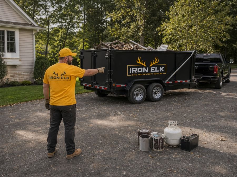 A worker pointing out paint cans and propane tanks set aside from the trailer.