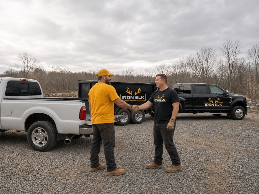 Two crews shaking hands at a job-site tailgate.