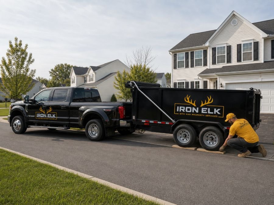 The truck and trailer parked in a residential driveway.