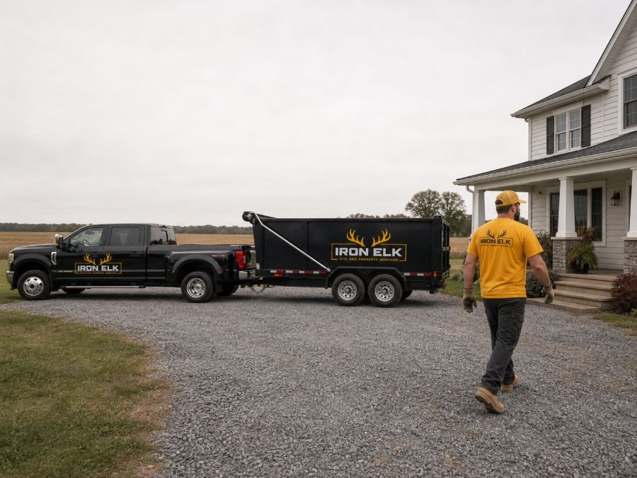 The truck and trailer parked in a residential driveway.