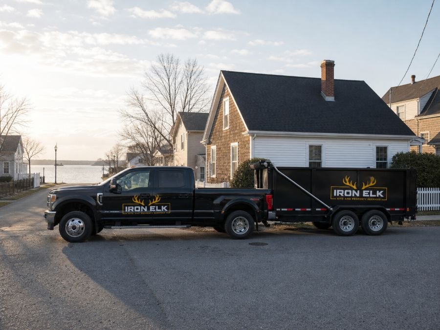 The truck and trailer parked in a residential driveway.