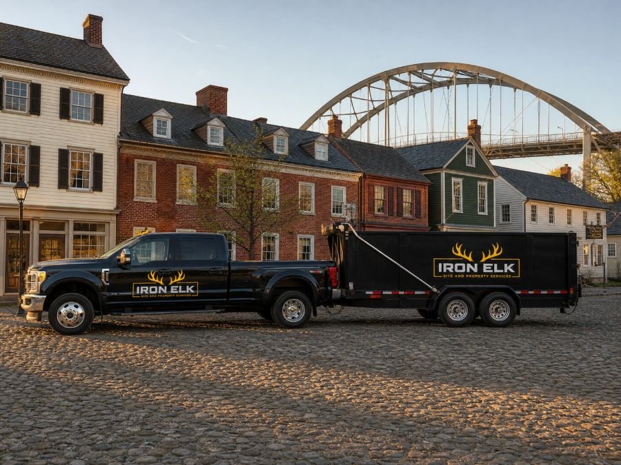 The truck and trailer parked in a residential driveway.