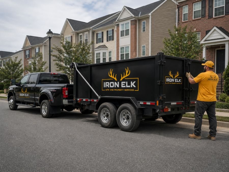 The truck and trailer parked in a residential driveway.