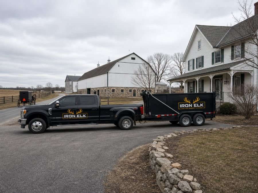 The truck and trailer parked in a residential driveway.