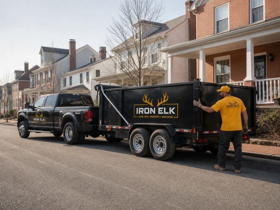 An Iron Elk truck and dump trailer parked along a residential street.