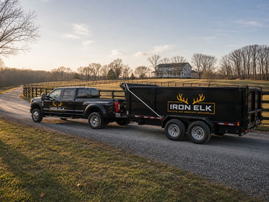 The truck and trailer parked in a residential driveway.