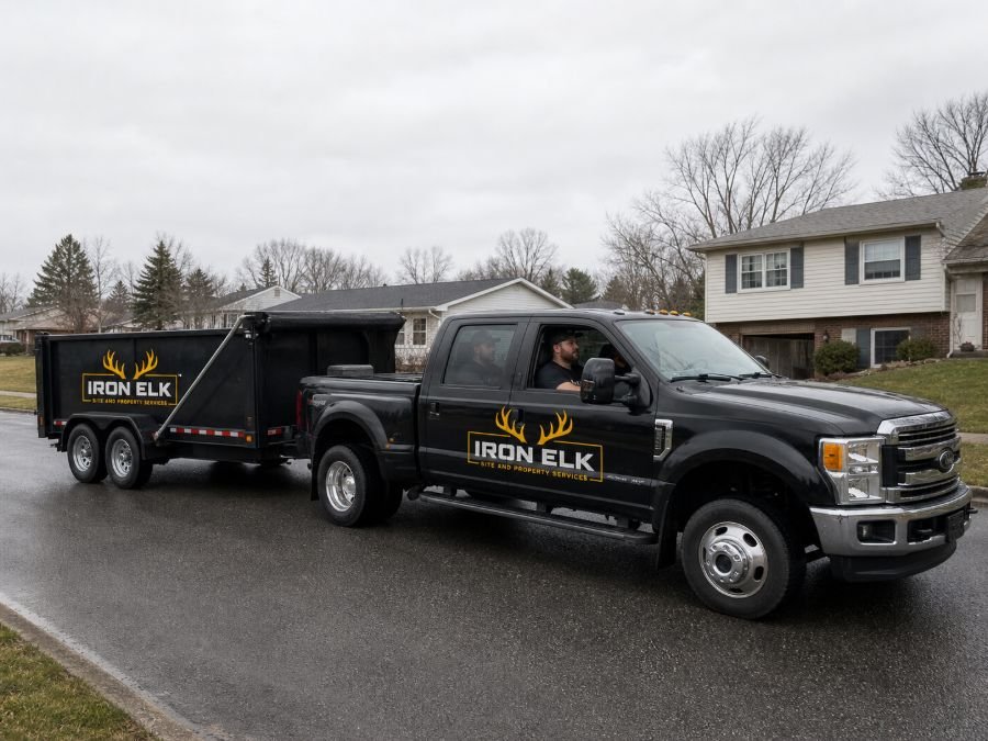 The truck and trailer parked in a residential driveway.