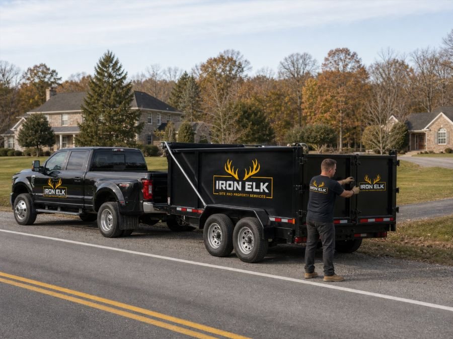 The truck and trailer parked in a residential driveway.