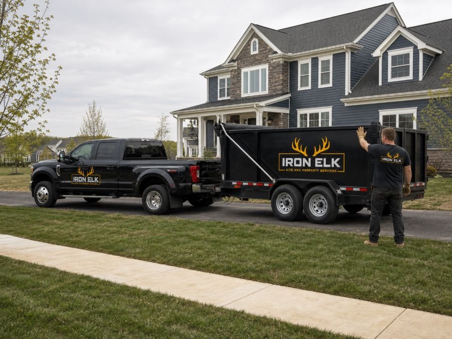 The truck and trailer parked in a residential driveway.