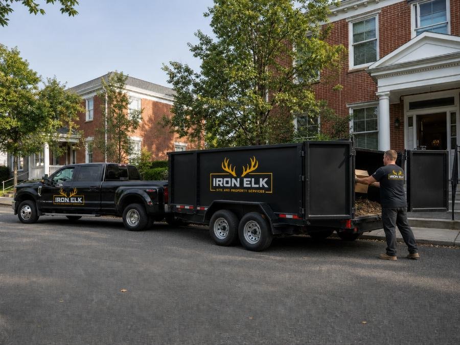 The truck and trailer parked in a residential driveway.