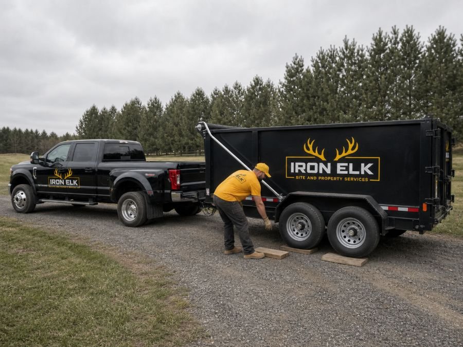 The truck and trailer parked in a residential driveway.