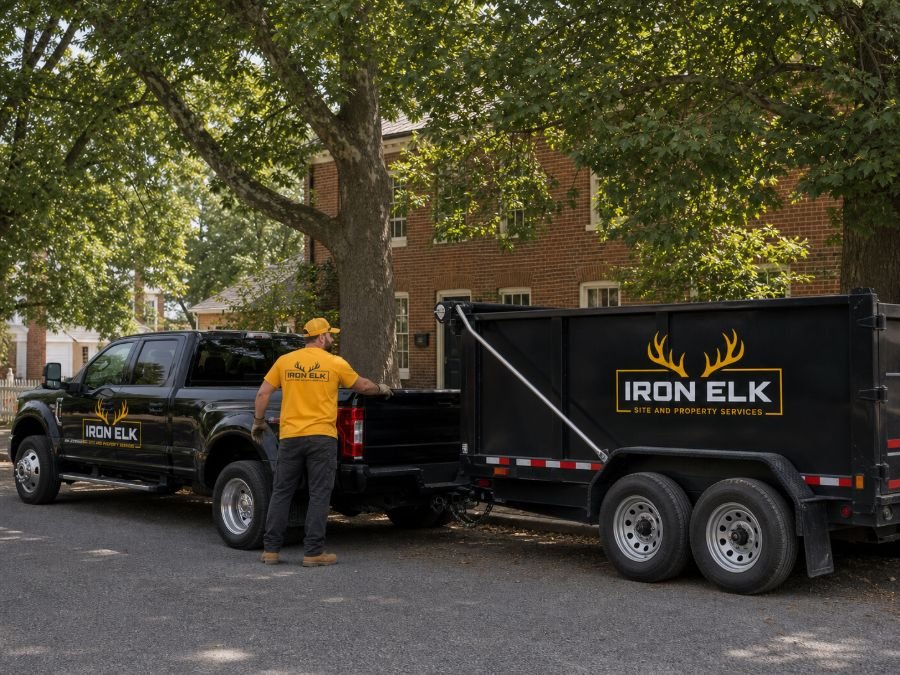 The truck and trailer parked in a residential driveway.
