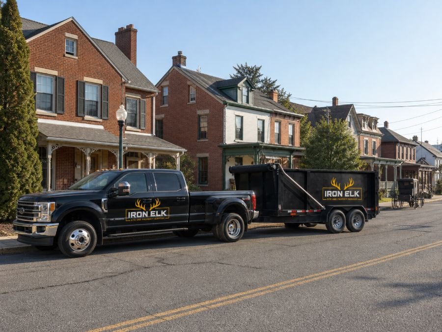 The truck and trailer parked in a residential driveway.
