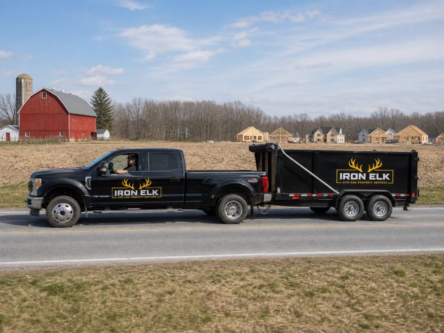 The truck and trailer parked in a residential driveway.