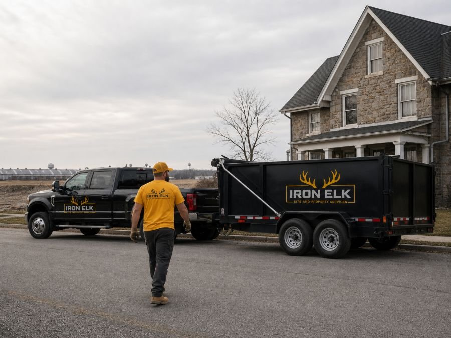 The truck and trailer parked in a residential driveway.