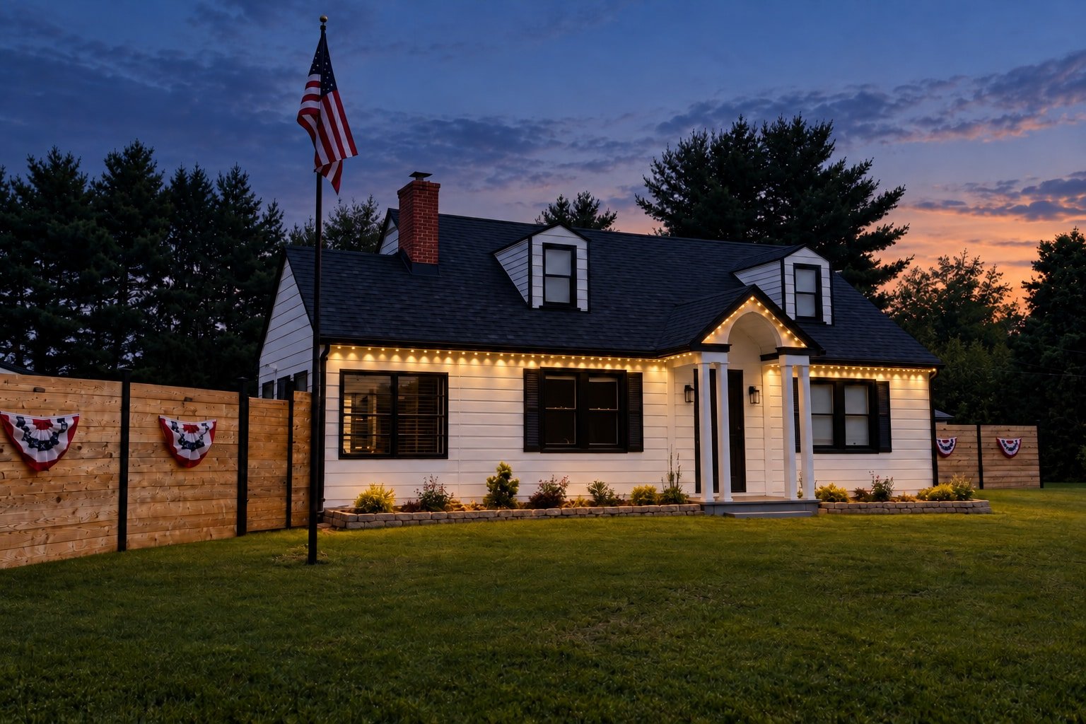 White Cape Cod house at dusk with warm-white permanent lights along the lower front eaves and entrance canopy.