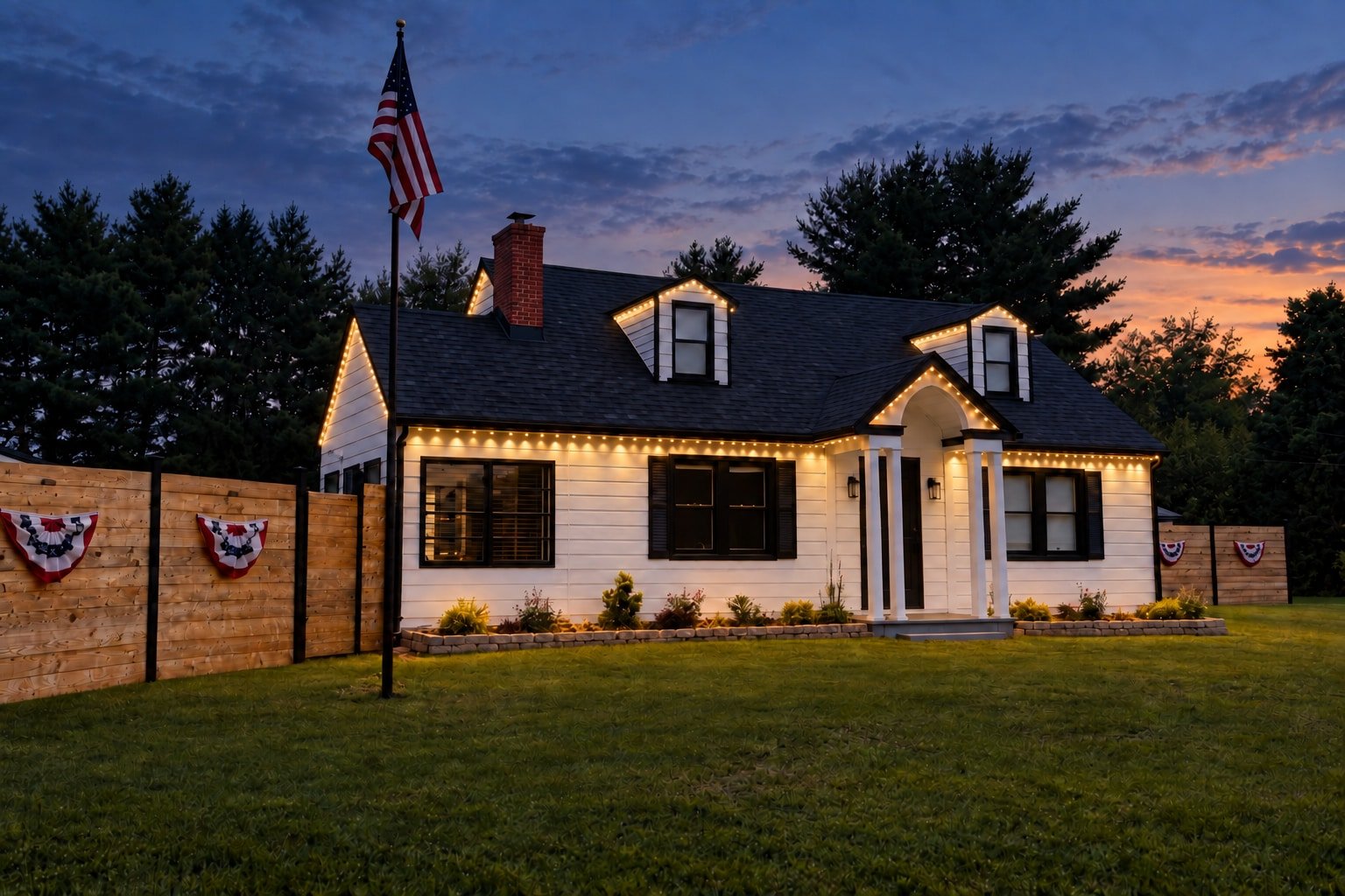 White Cape Cod house at dusk with warm-white permanent lights along every front roofline, including the dormers and gable peaks.