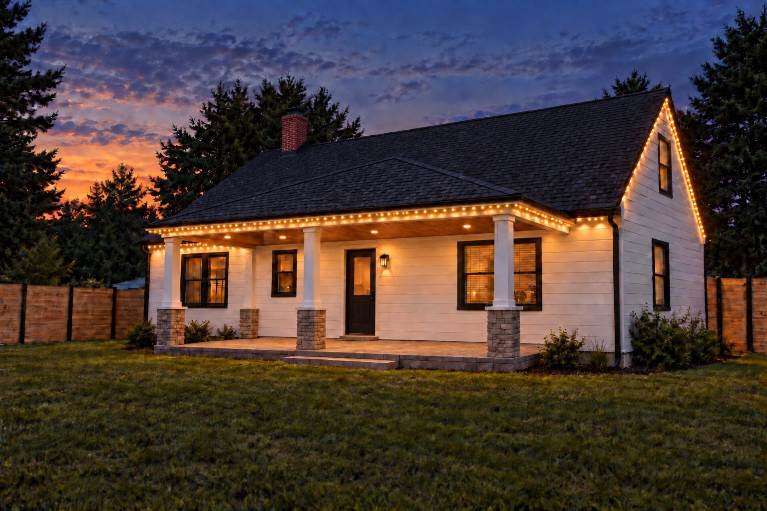 Rear of a white house at dusk with warm-white permanent lights beneath the covered pavilion roofline and gable edge.