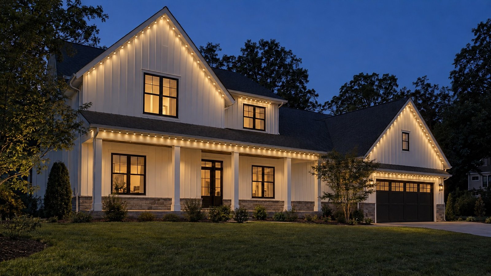 Modern farmhouse viewed from an angle at blue hour, with warm-white permanent lights beneath its visible gables, porch canopy and garage eaves.