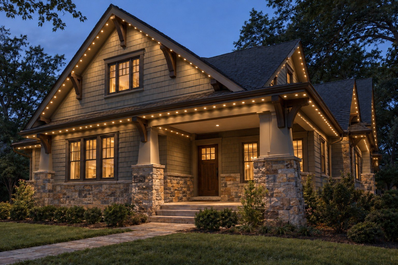 Craftsman home viewed from the front corner, with warm-white permanent lighting beneath the gable trim and entry-porch edges.