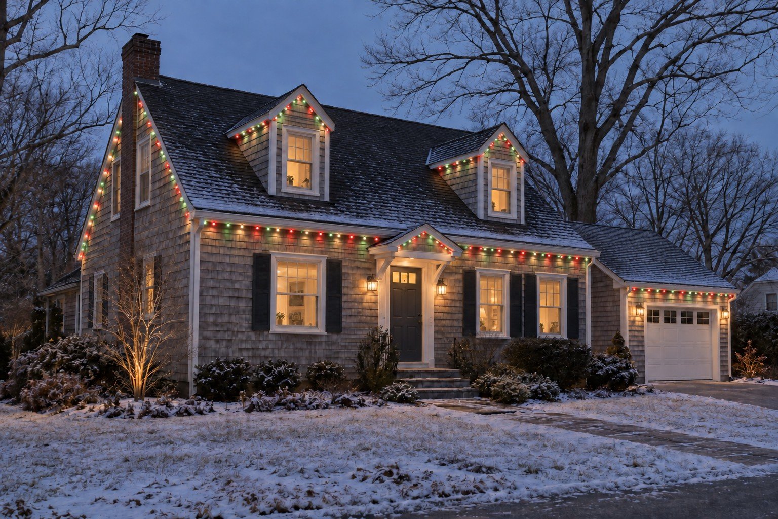 Cape Cod home with Christmas-colored permanent lighting beneath the visible roofline and entry canopy.