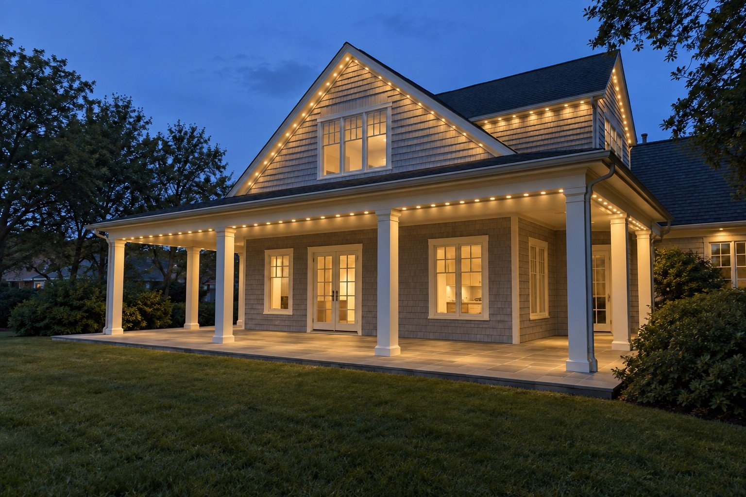 Coastal-cottage patio with warm-white permanent lighting beneath its covered-porch perimeter and visible eaves.