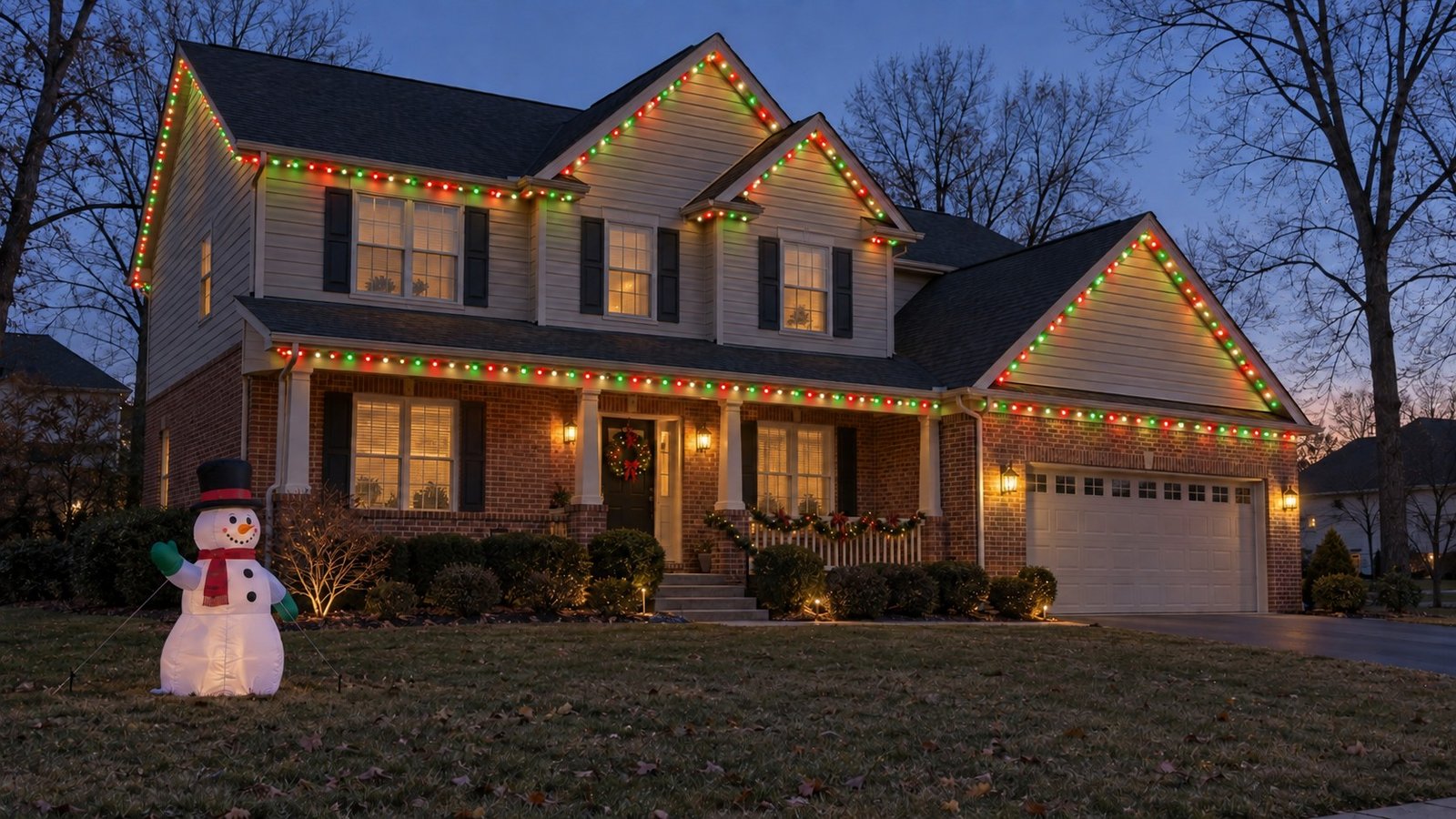 Decorated Colonial at Christmas, with permanent red, green and warm-white lighting under its roofline and a fabric snowman on the lawn.