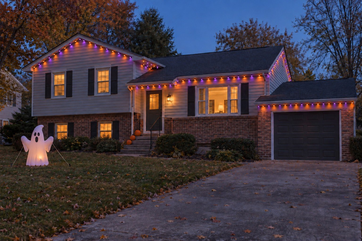 Split-level home at Halloween, with orange and purple permanent roofline lighting, pumpkins and a fabric ghost lawn decoration.