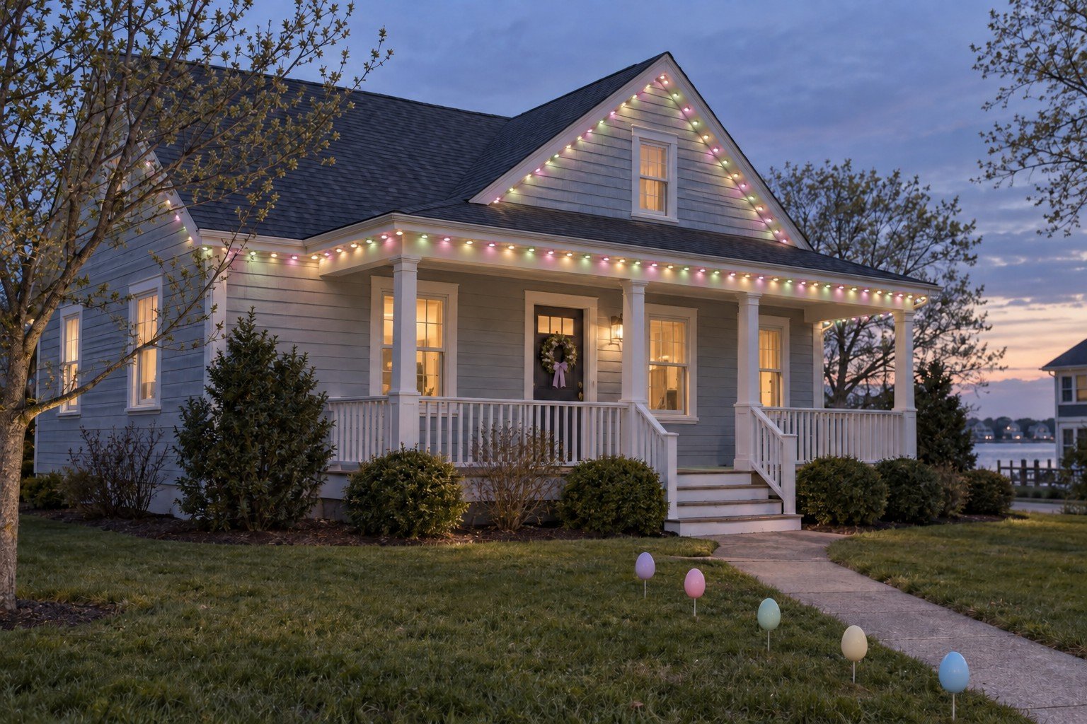 Cottage with pastel permanent lighting beneath its roofline and modest spring decorations.
