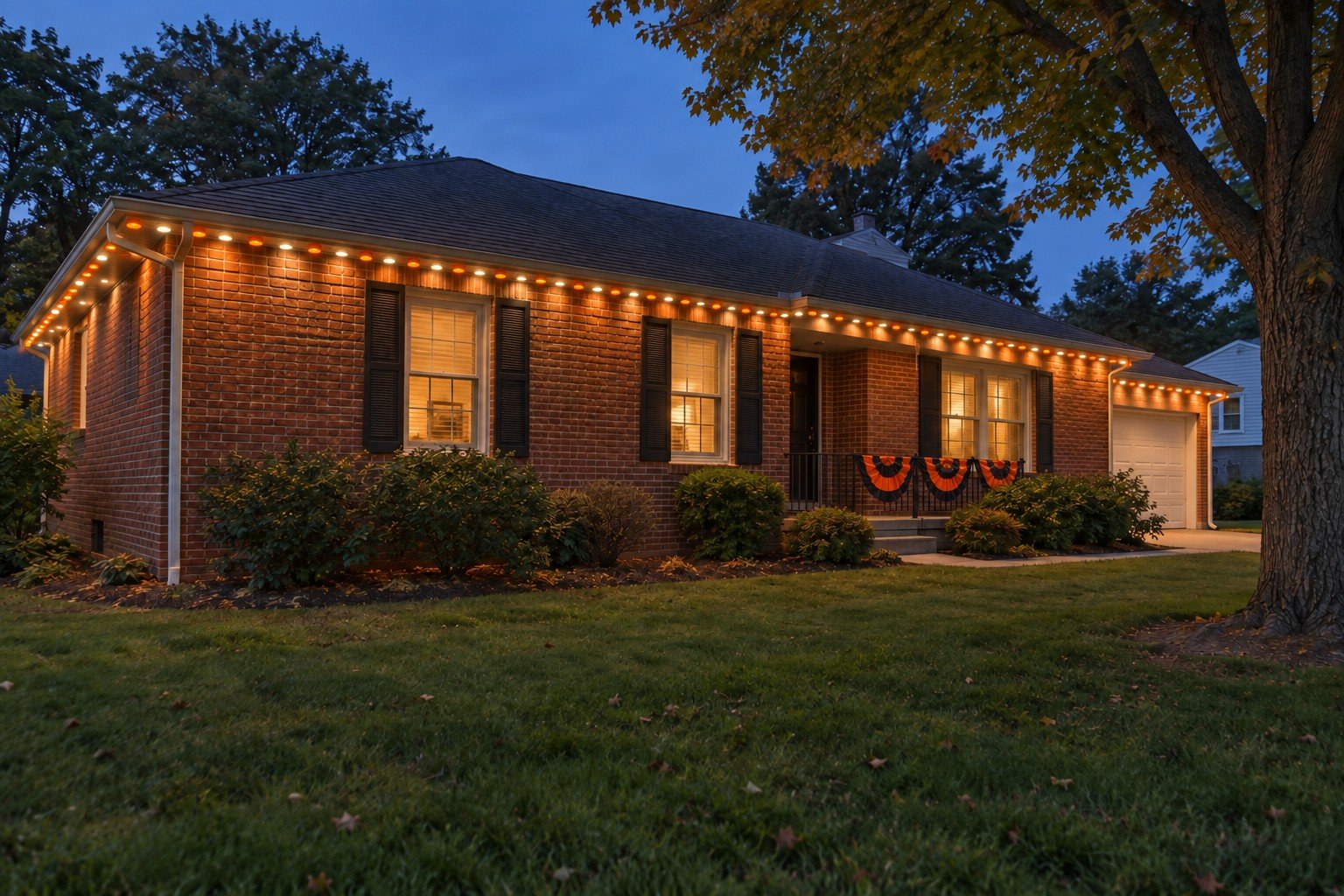 Brick ranch in orange and warm-white permanent lighting, with cloth porch bunting for baseball game night.