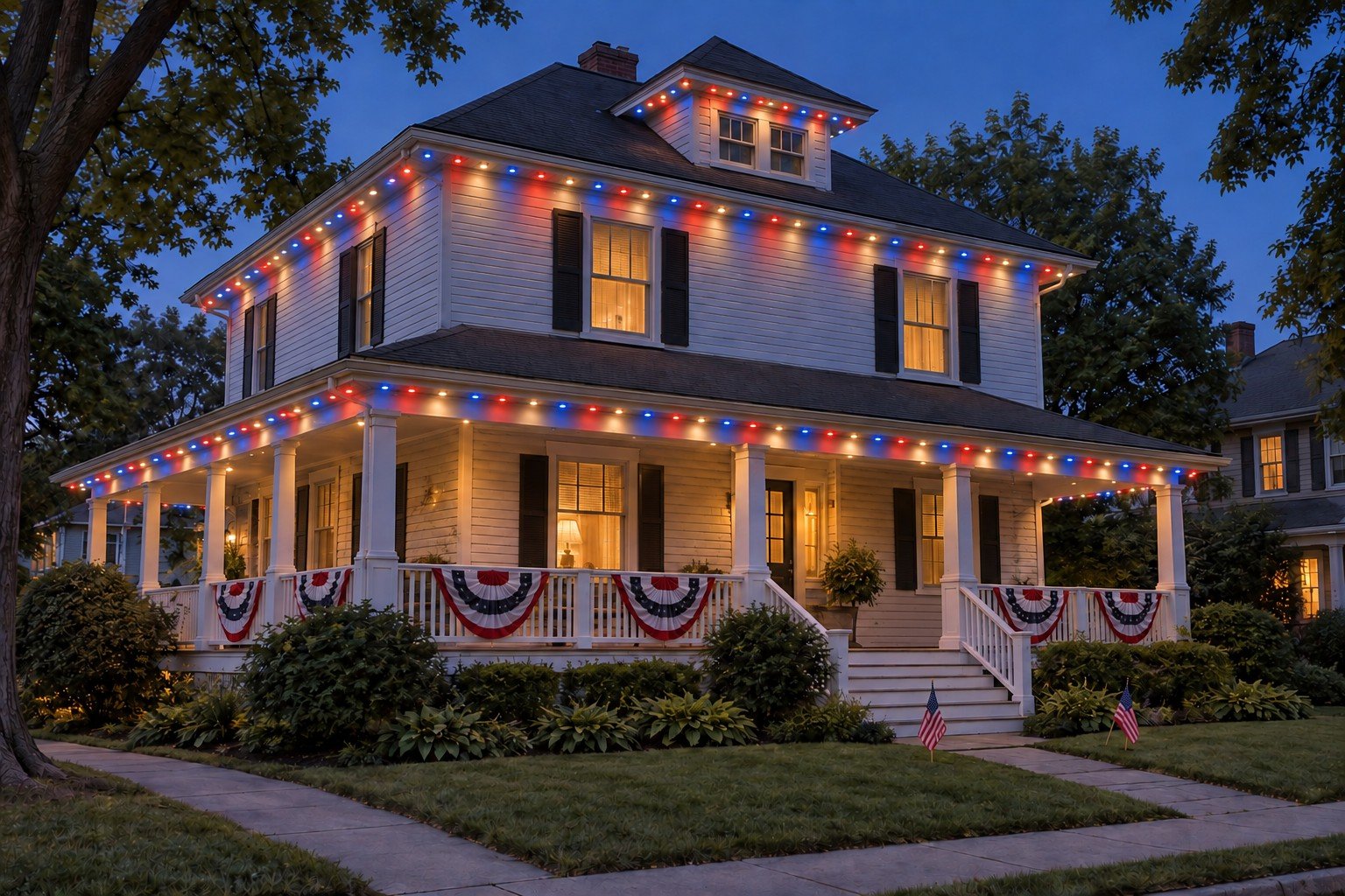 Clapboard Foursquare with red, white and blue permanent roofline lighting and patriotic cloth porch decorations.