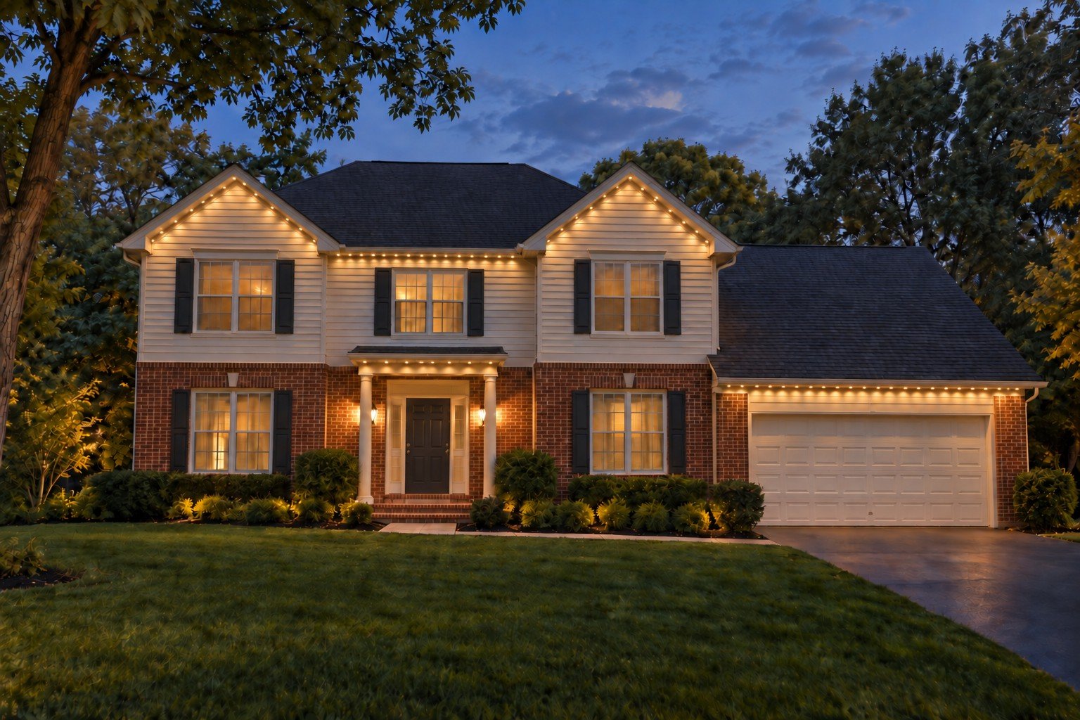 Colonial home with warm-white permanent lighting beneath both gables, the central eave, entrance canopy and garage eave.