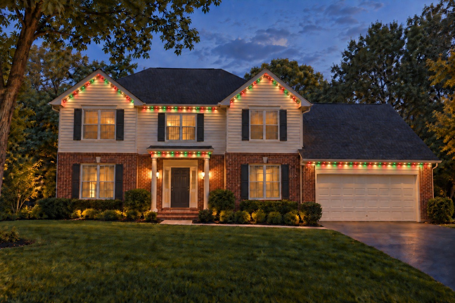 Colonial home with permanent red, green and warm-white roofline and entry-canopy lights.