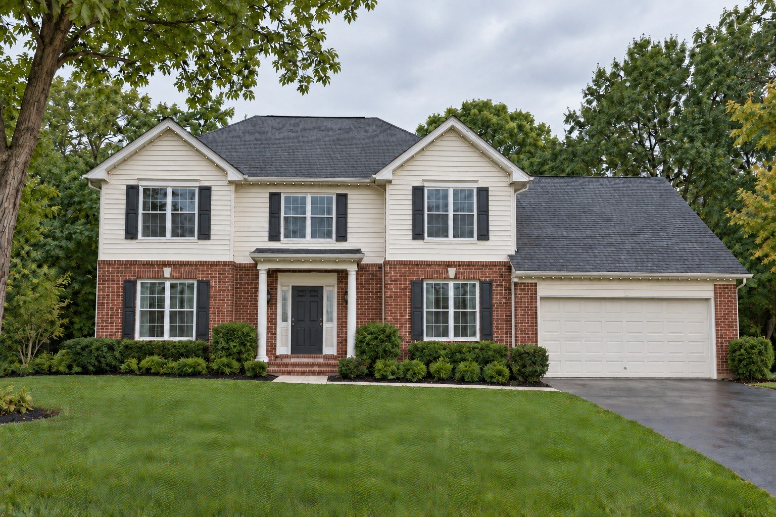 Colonial home by day with discreet unlit permanent lighting along its gables, eaves and entry canopy.